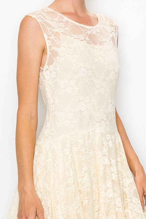 Whimsical Sleeveless Lace Midi Dress With Unattached Slip - Beige