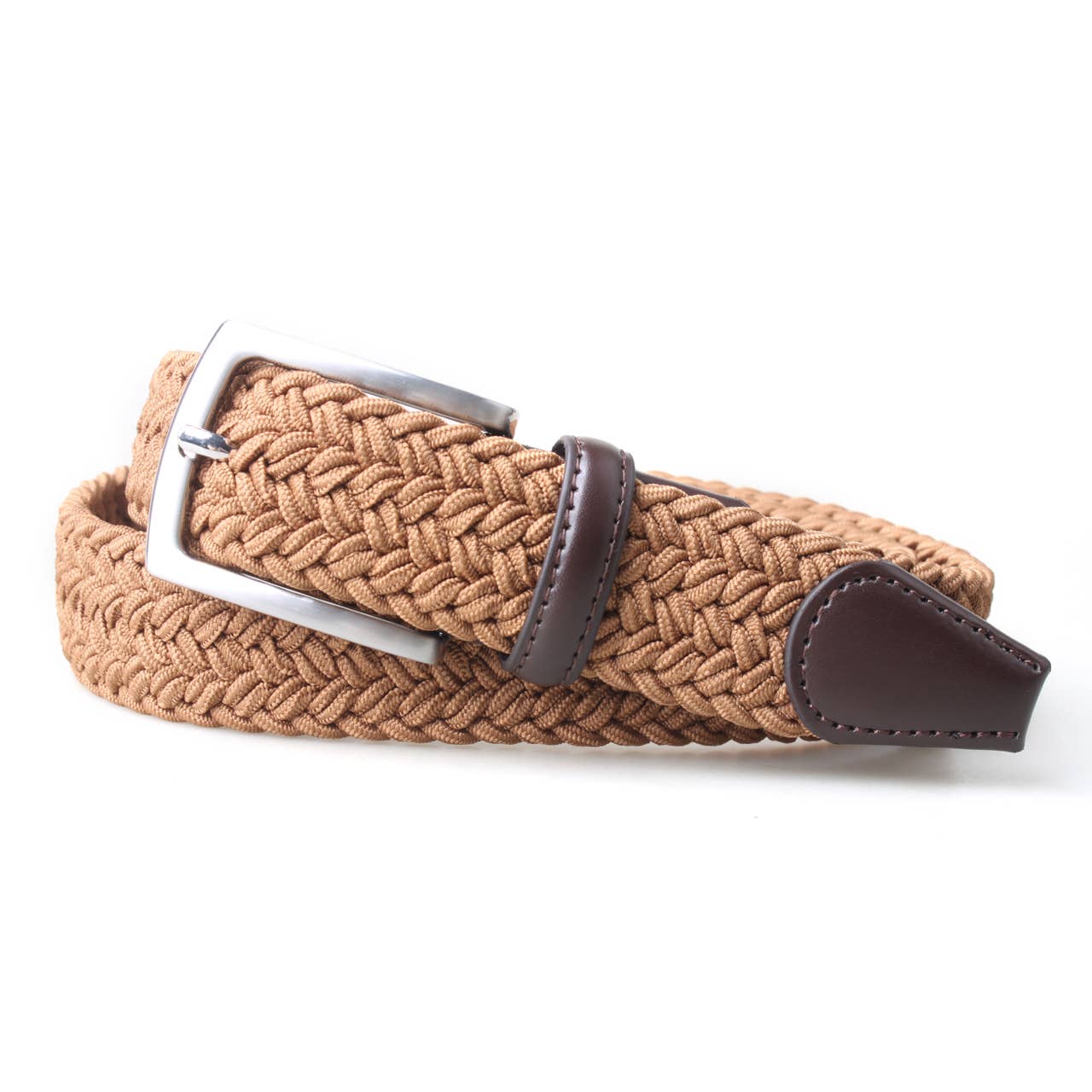 Mens Thick Braided Stretch Woven Fabric Belt w/ Leather Trim - Khaki