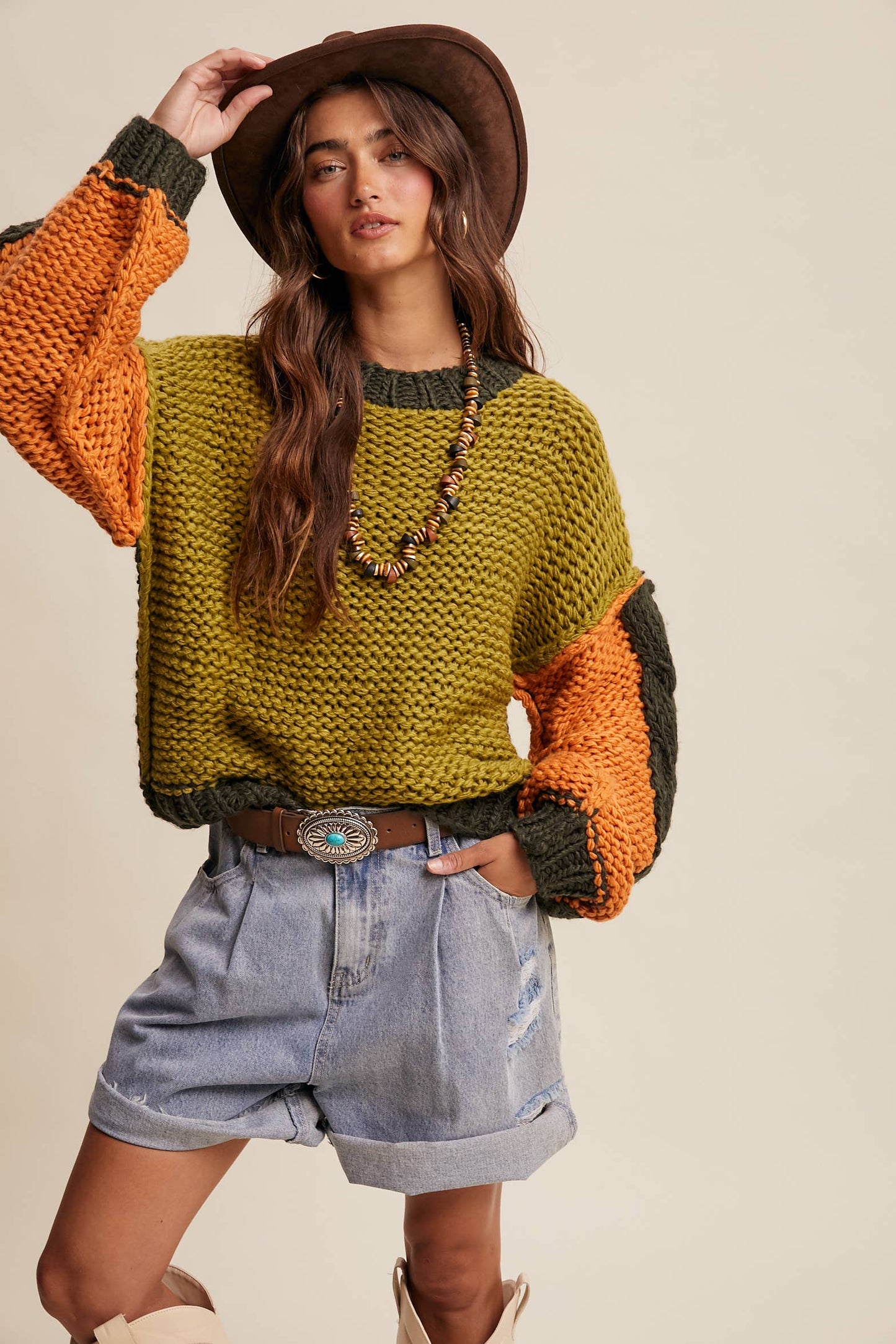 Hand-Knit Chunky Crochet Pullover - Olive Multi