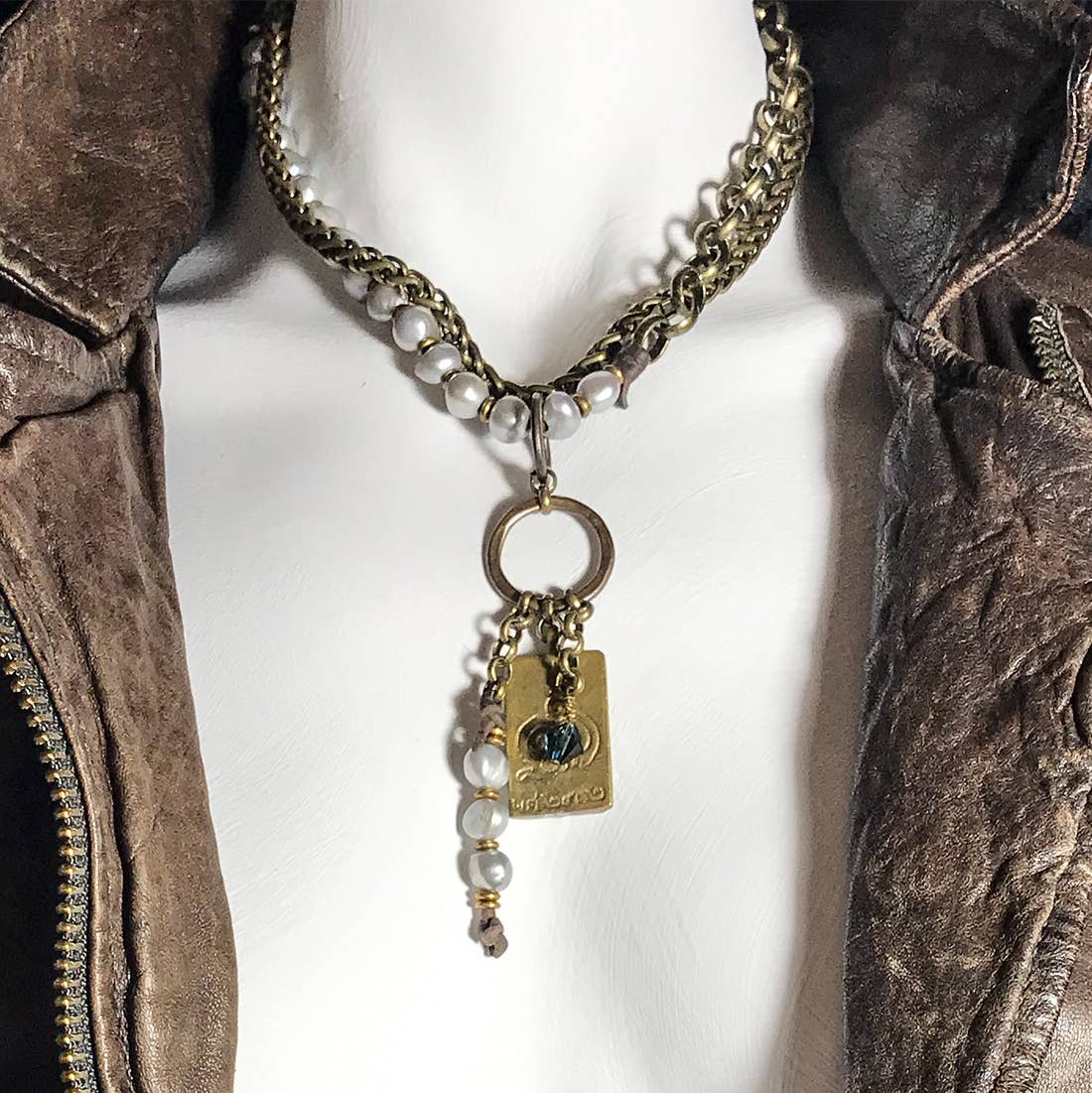 Coco Baroque Pearls Mixed Metals Opera Necklace or Choker - Bronze with Bronze Heart Tassel