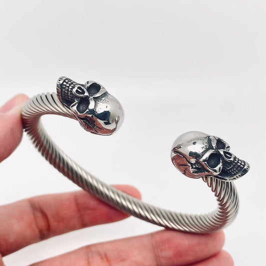 Double Skull Stainless Steel Cuff Bangle Men Bracelet -MJ/BC