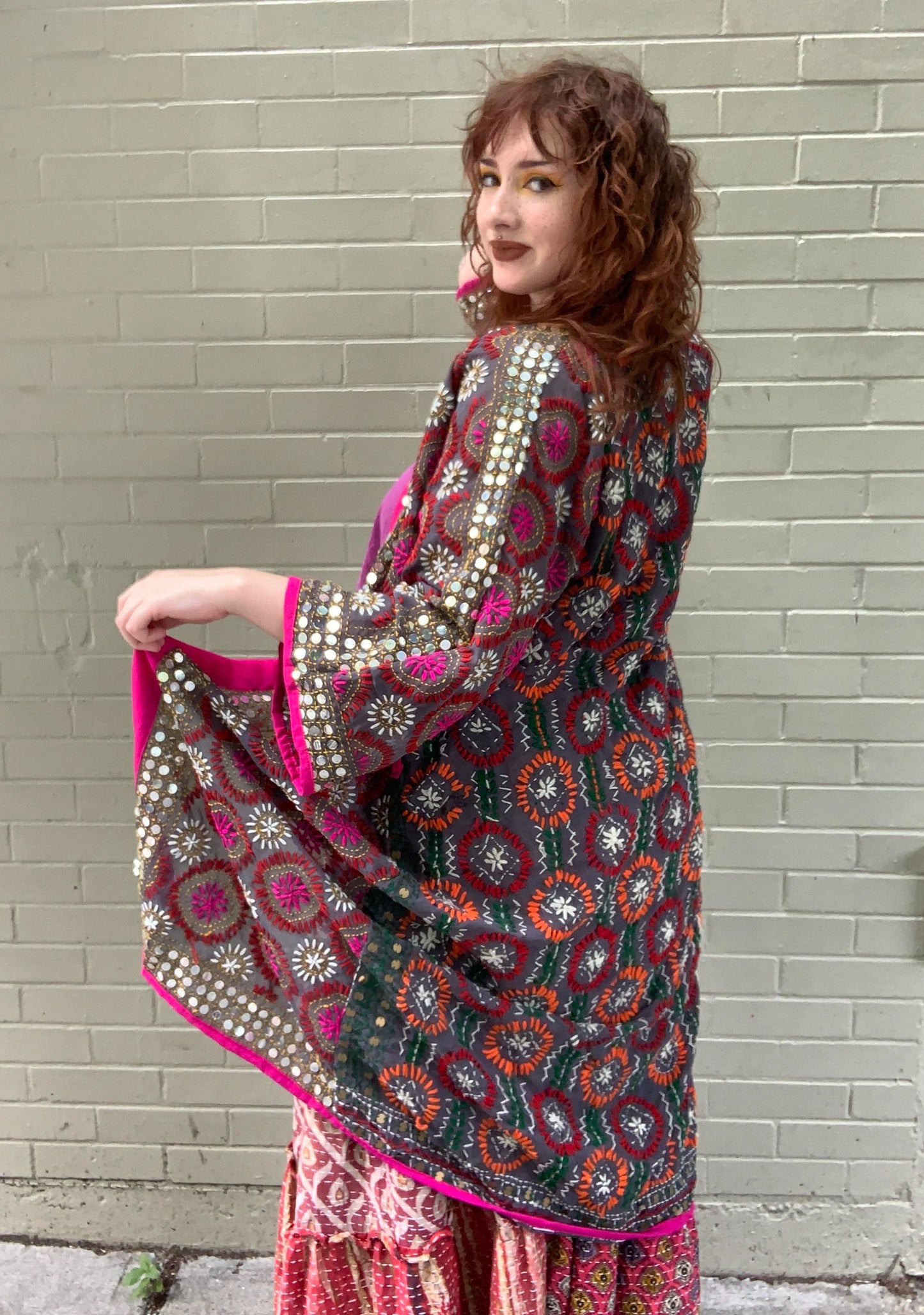 Embellished Embroidered Kimono - Brown/Pink - La De Da