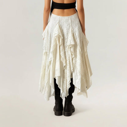 Asymmetrical Layered Lace Maxi Skirt - Light Beige