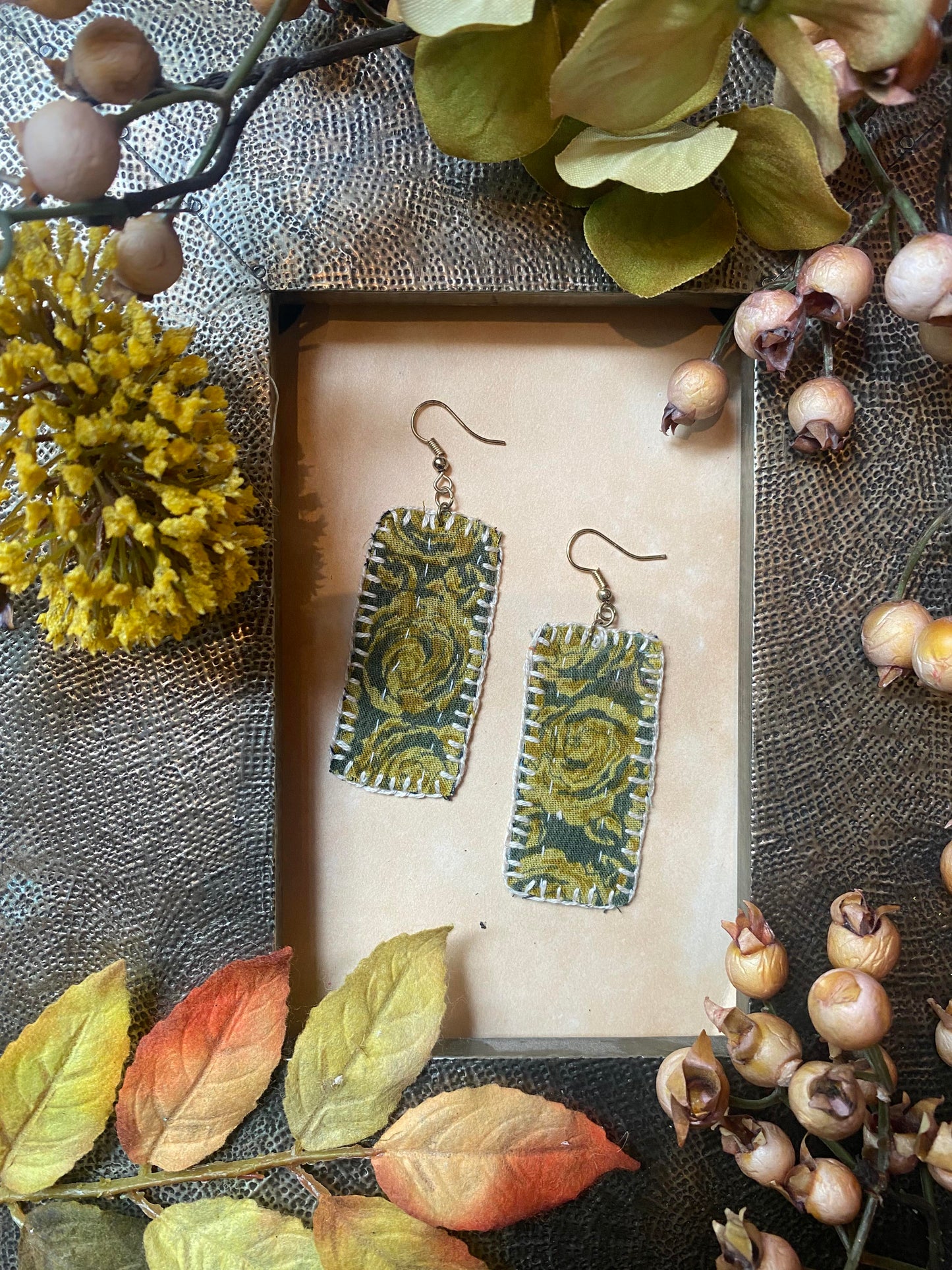 Olive Floral Reversible Kantha Patch Earrings - La De Da