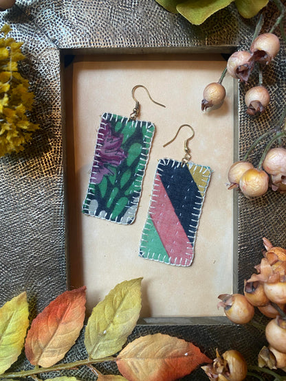 Stripe Floral Drop Reversible Kantha Patch Earrings - La De Da