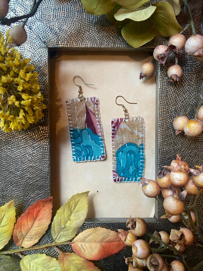 Teal Floral Reversible Kantha Patch Earrings - La De Da