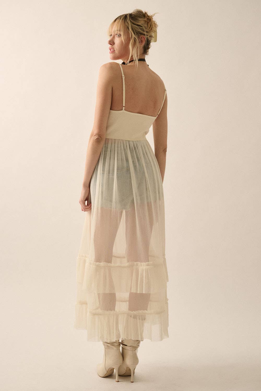 Solid Rib-Knit Bodice Pleated Organza Dress - Cream