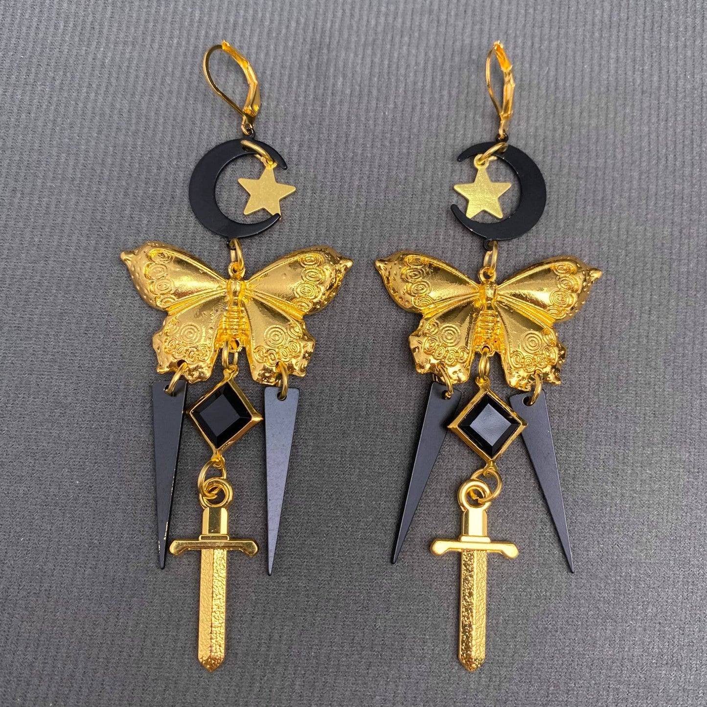 Vintage Black Moon Golden Butterfly Dangle Earrings - MS