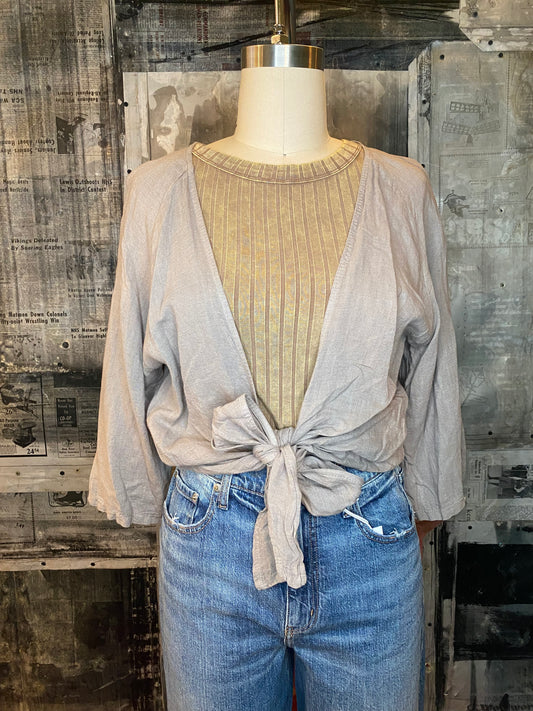 Linen, 3/4 Sleeve Wrap, Front Tie Top - Taupe