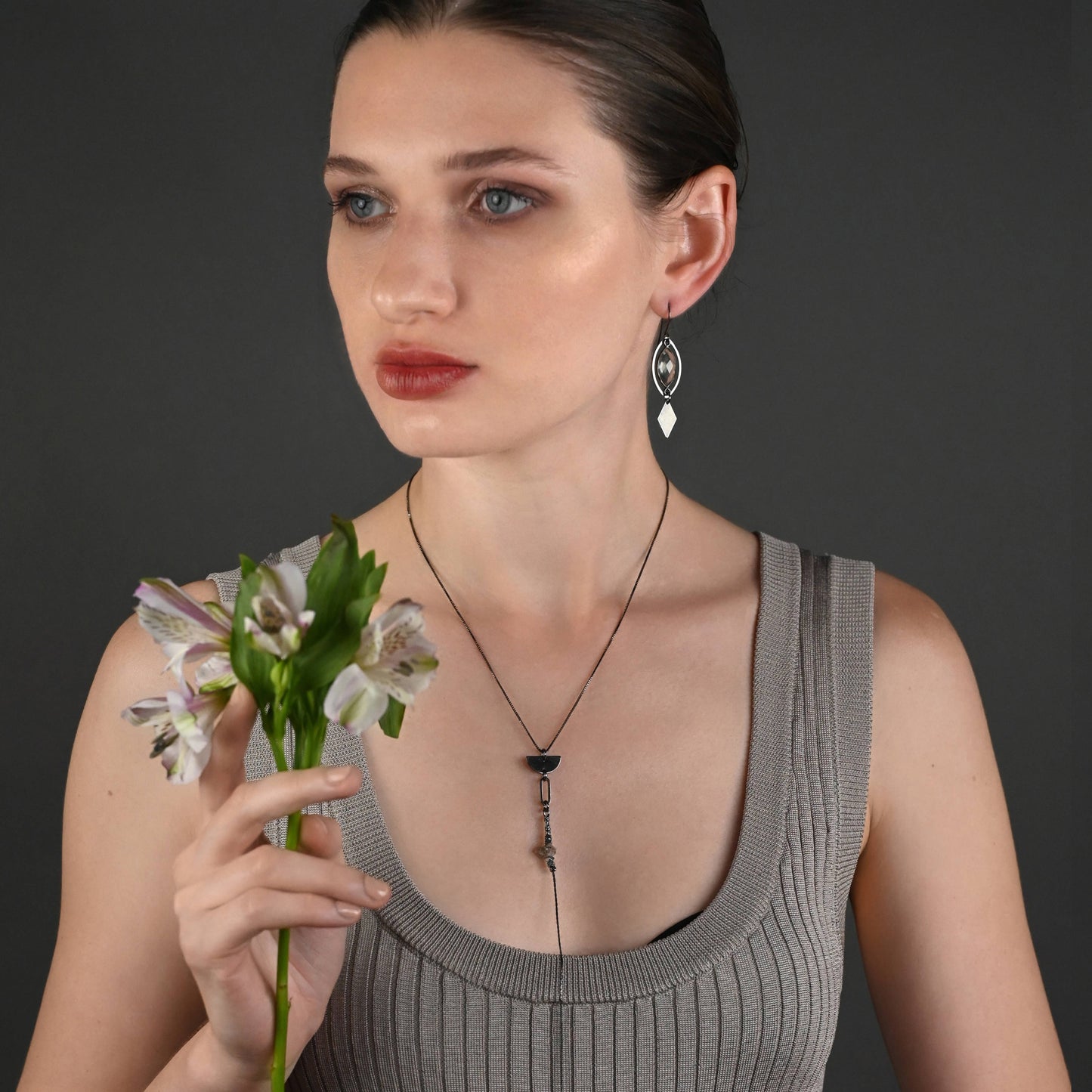 Herkimer Diamond and Hematite Beads Tri Necklace