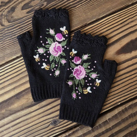 Floral Bees Embroidered Gloves - Black