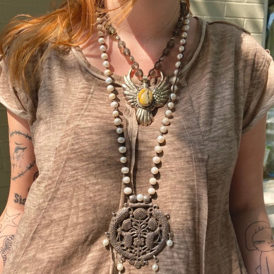Antique Tibetan Silver & Pearl Necklace - La De Da