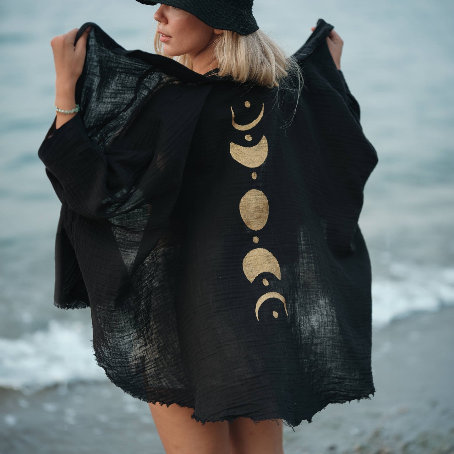 Black & Gold Moon Phases Muslin Kimono Robe / Poncho - Black