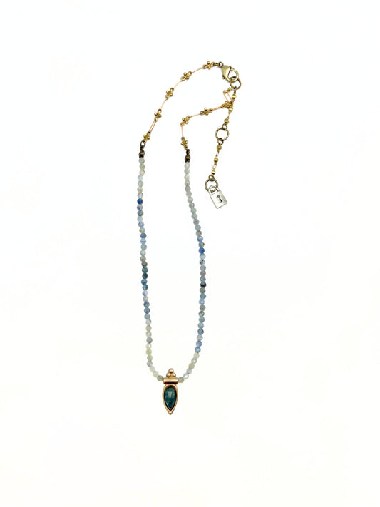 Delicate Pear Shape Pendant on Beaded Chain - Cyanite