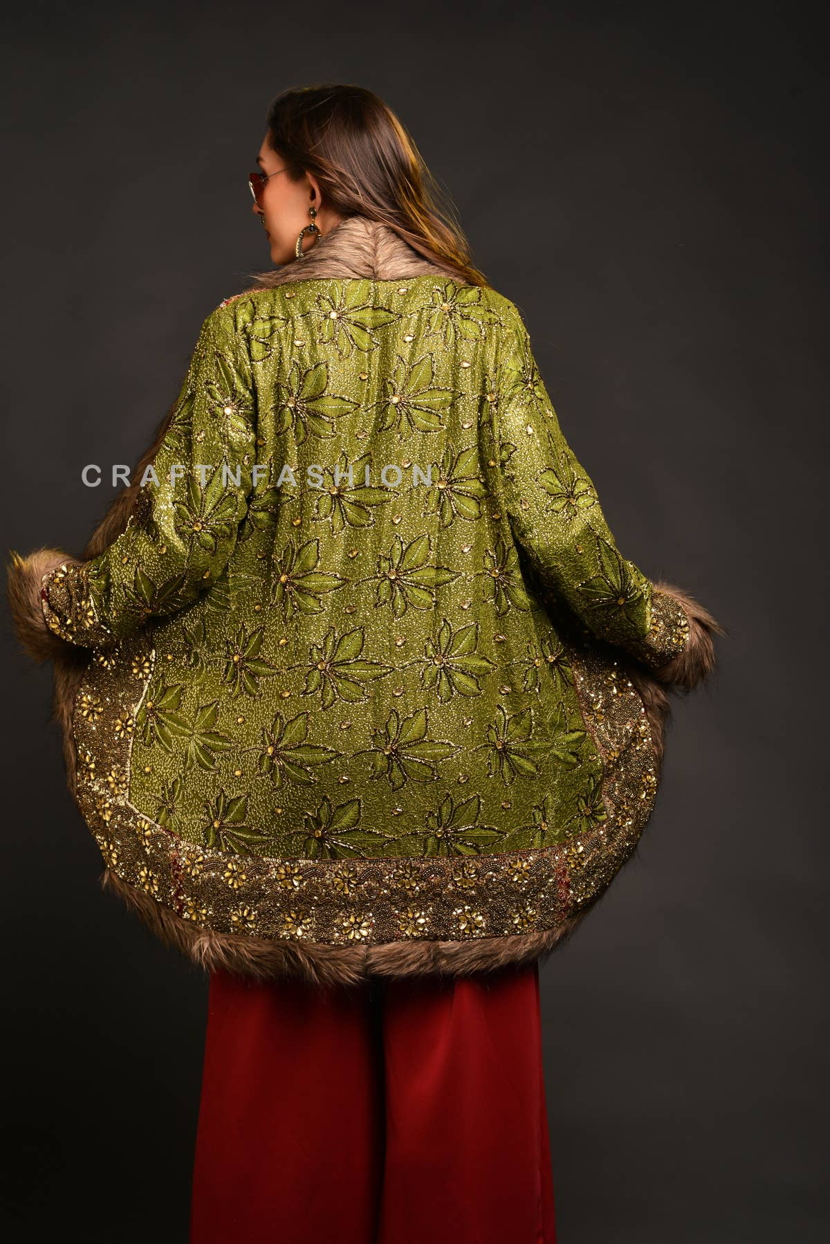 Handmade Vintage Embroidered Fur Jacket Coat - Green