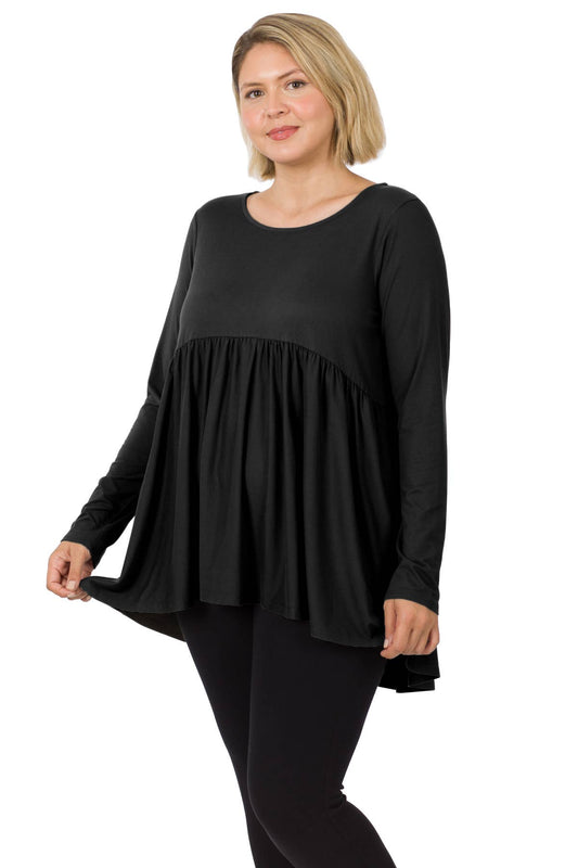 Curve Long Sleeve With Waist Shirring- Black