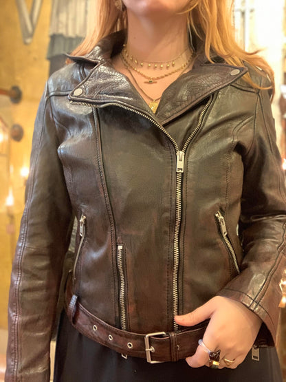 Mahogany Belted Leather Moto Jacket - La De Da