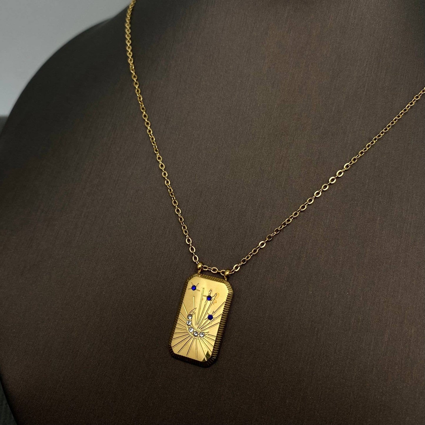 CZ Enamel Tarot Charm 18K Gold Plated S.Steel Necklace - FGS - Star Moon