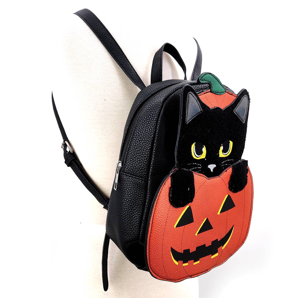 Furry Black Cat in Pumpkin Mini Backpack - La De Da