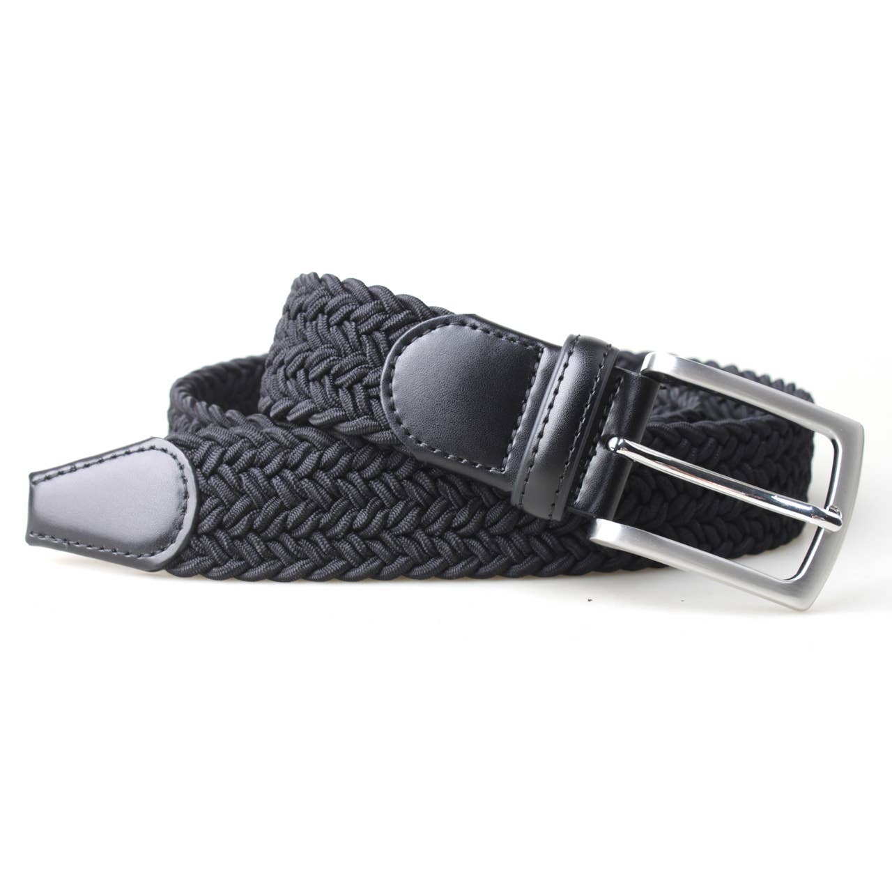 Mens Thick Braided Stretch Woven Fabric Belt w/ Leather Trim - Black