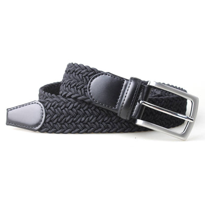 Mens Thick Braided Stretch Woven Fabric Belt w/ Leather Trim - Black