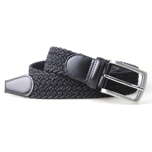Mens Thick Braided Stretch Woven Fabric Belt w/ Leather Trim - Black