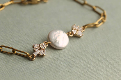 Gold Art Deco Freshwater Pearl Chain Bracelet