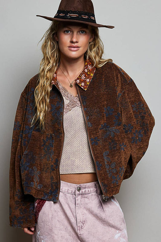 Floral Print Collared Long Sleeve Back Yoke Zip-Up Jacket - RUSTIC MOCHA