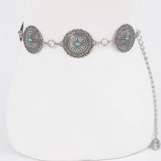 Western Style Metal Chain Belt - Turquoise Embellished Shield