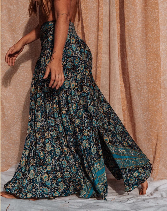 Hippie Boho Silk Bell Bottom Flare Pants, Palazzo Pants - Blue