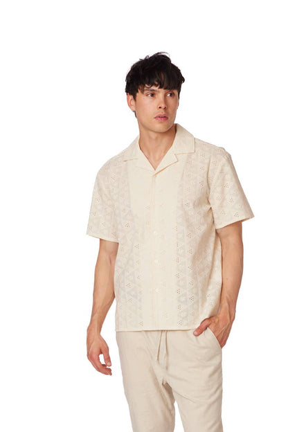 Textured Short Sleeve Men's Cotton Shirt  - Off White