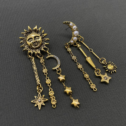 Star Fringe Asymmetric Sun Moon Post Earrings
