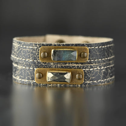 Leather Stacker Cuff w/ Semi Precious Stone - Labradorite