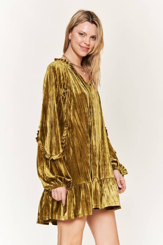 PLUS Crushed Velvet Mini Dress - Olive