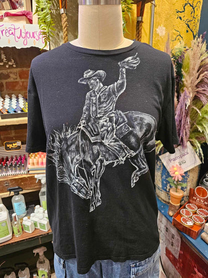 Black Cowboy Tee - Handpainted & Upcycled - IH6*