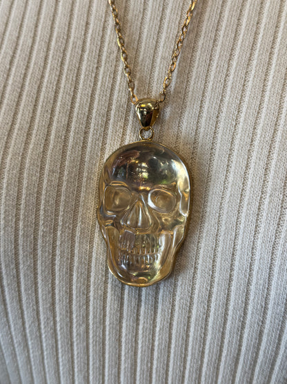 Clear Quartz Golden Skull Necklace