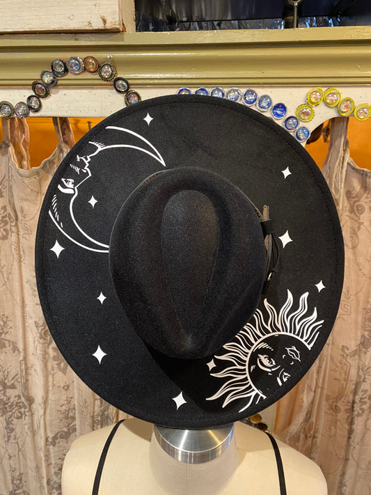 Vegan Felt Wide Brim Hat - Flat Top XL Brim - "Celestial Sun/Moon"