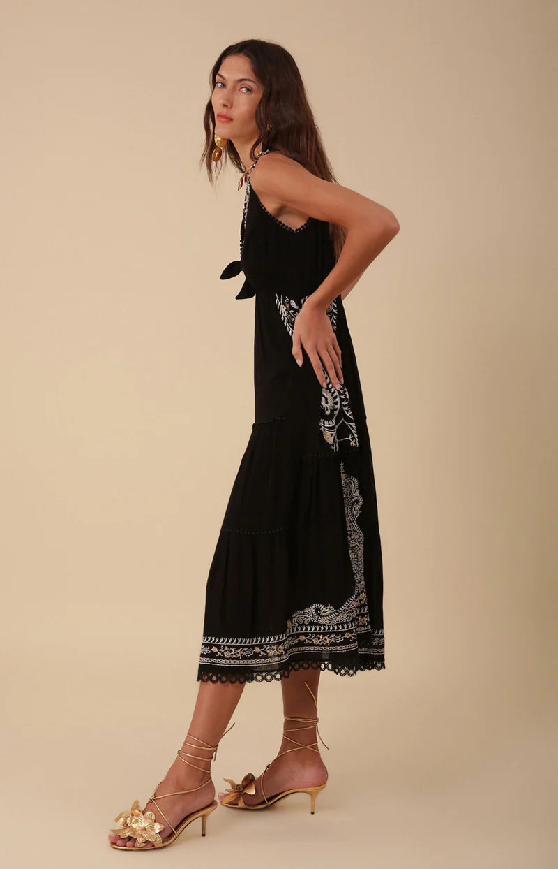 Amara Embroidered Midi Dress - Black