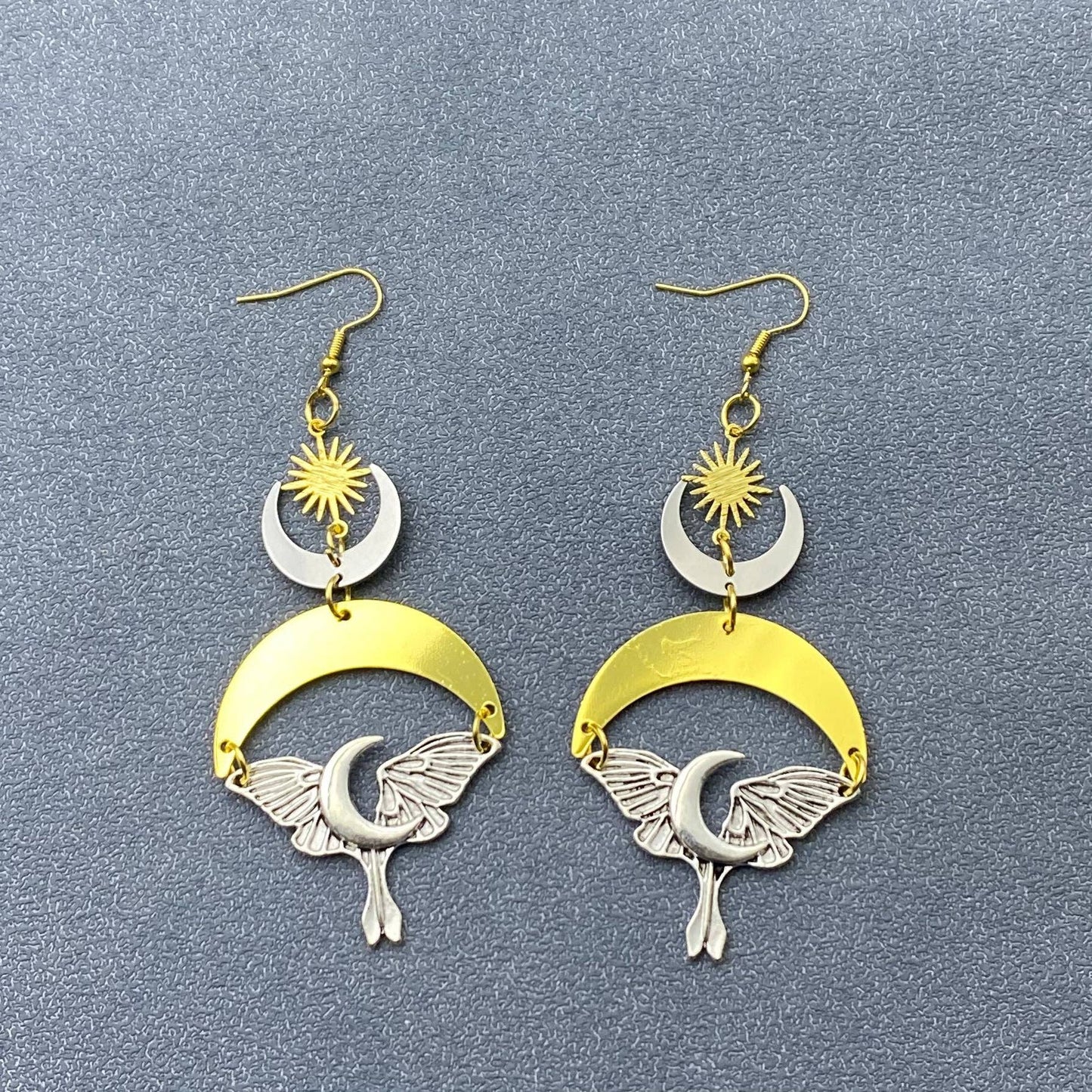 Two-tone Star Moon Moth Dangle Earrings