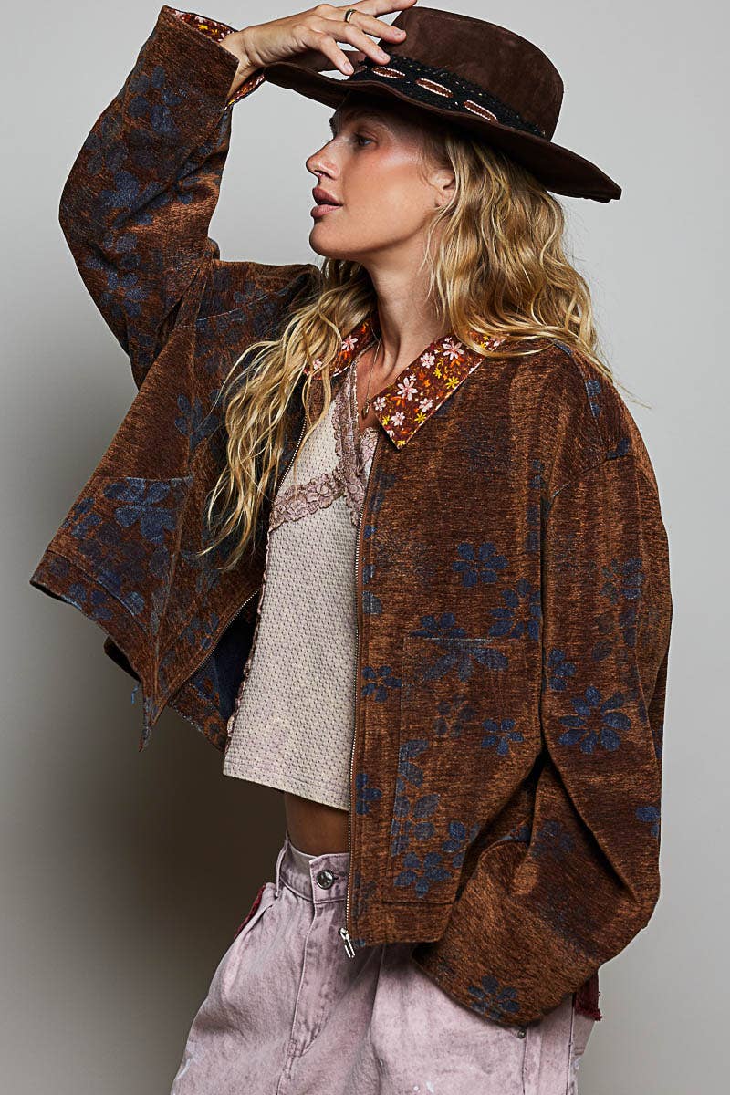 Floral Print Collared Long Sleeve Back Yoke Zip-Up Jacket - RUSTIC MOCHA