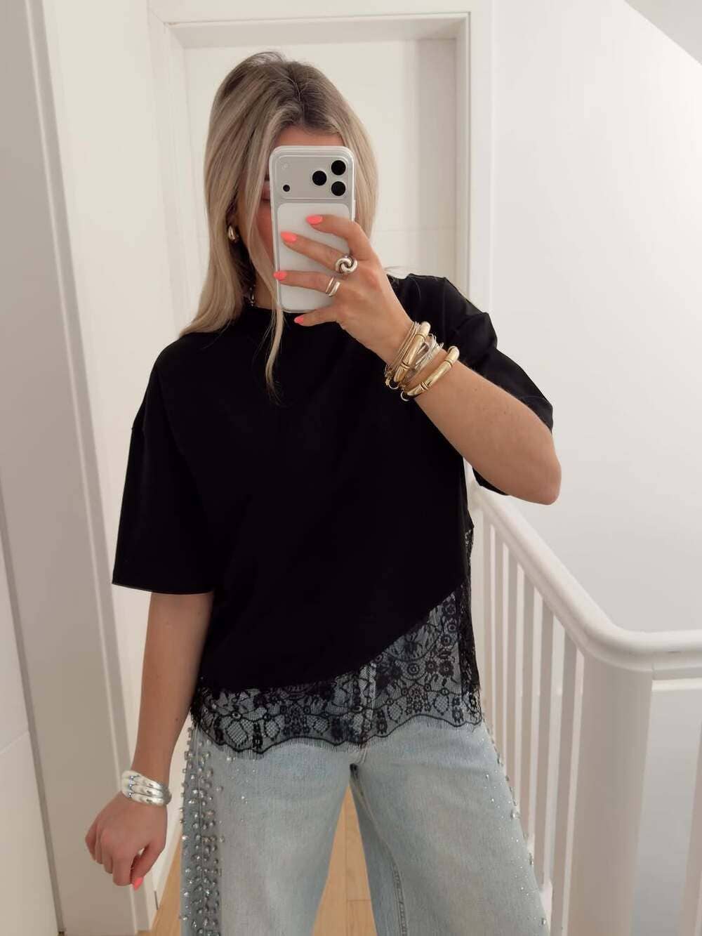 Lace Trim Relaxed Fit Crew Neck Top