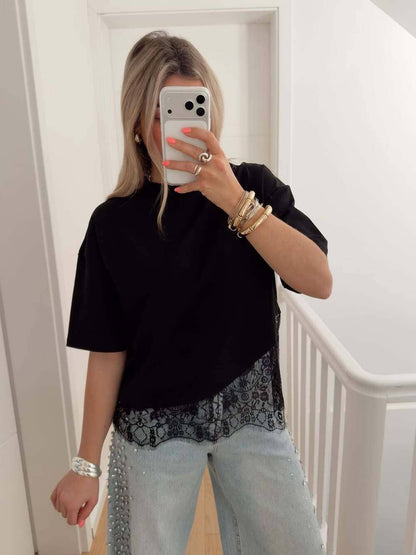 Lace Trim Relaxed Fit Crew Neck Top