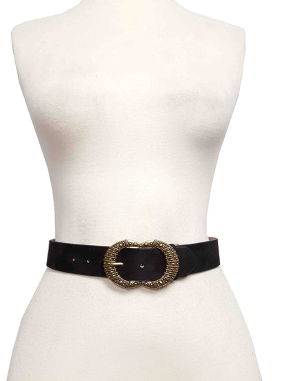 Western Vintage Brass Buckle/ Microfiber suede belt - Black