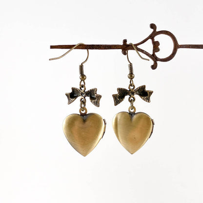 Heart Locket Earrings | Working Lockets with Bow Detail - Antique Bronze