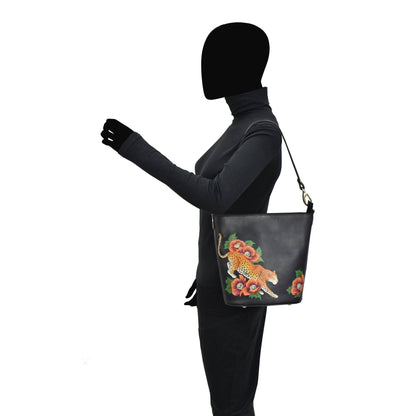 Tall Bucket Hobo Handbag - Handpainted Jaguar