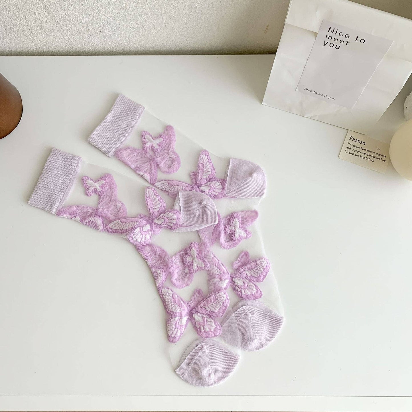 Purple Butterfly Floral Sheer Socks