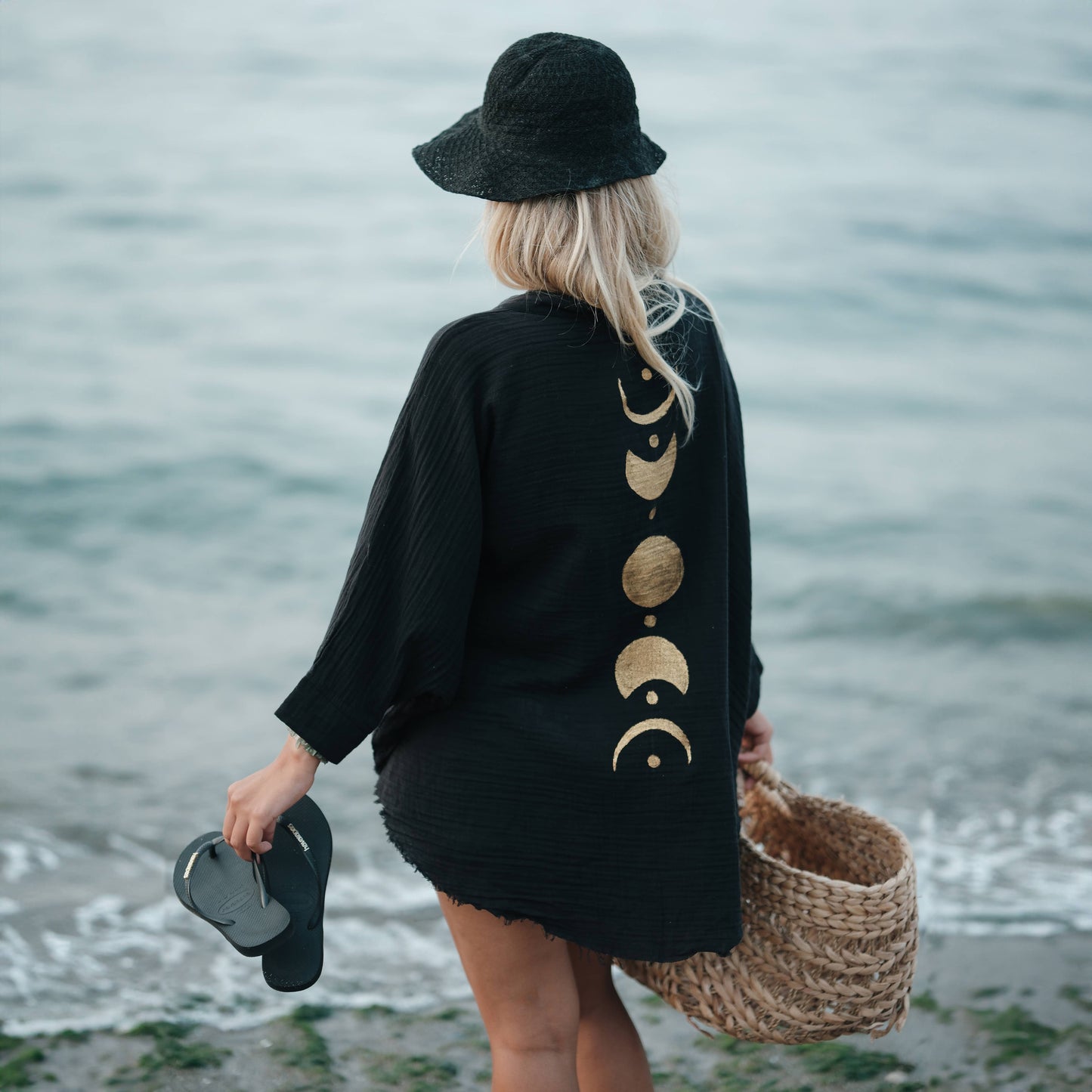 Black & Gold Moon Phases Muslin Kimono Robe / Poncho - Black