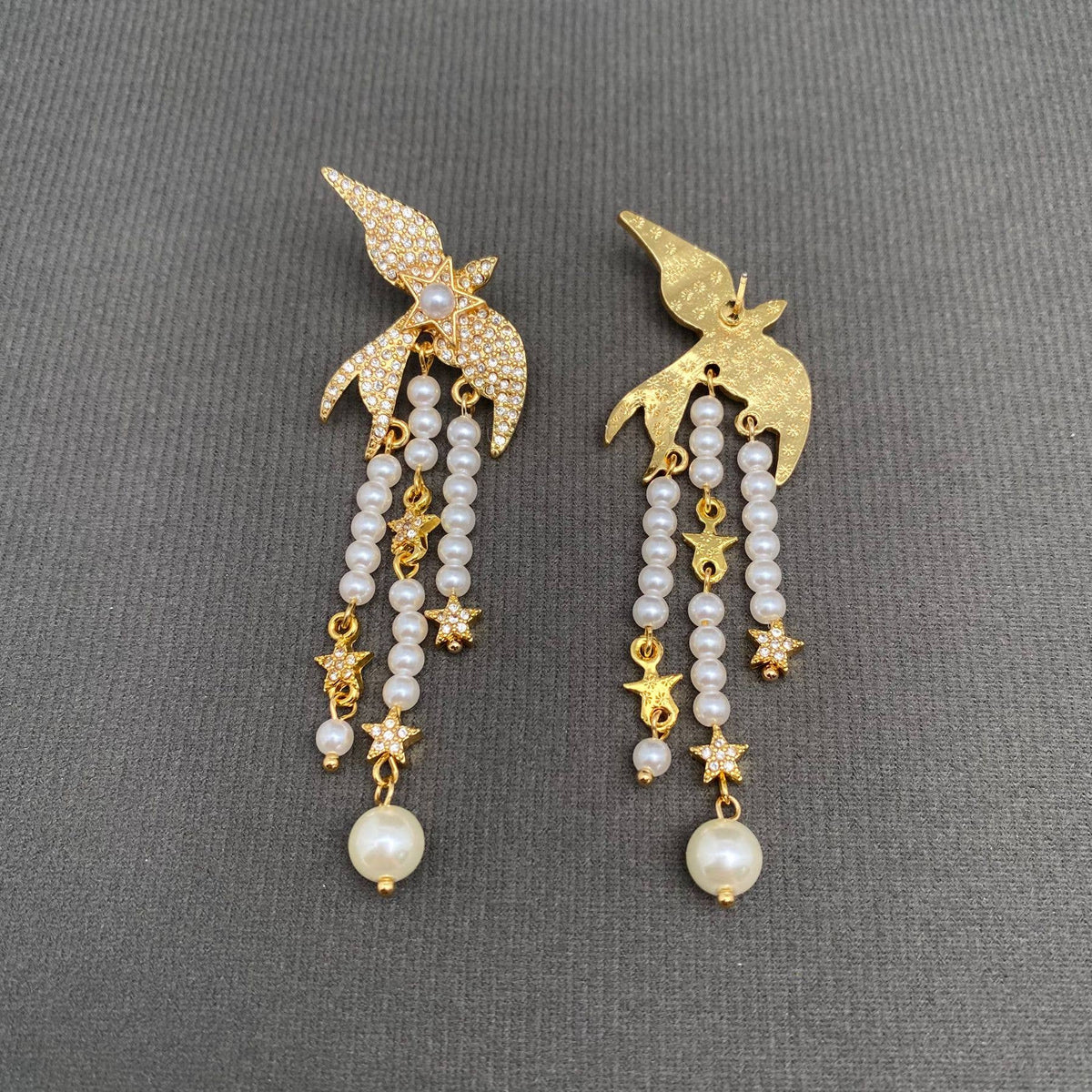 Vintage Pearl Fringe Rhinestone Inlaid Bird Earrings