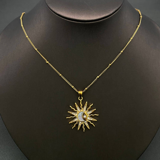 CZ Sun Pendant 18K Golden Stainless Steel Necklace - FGS/MS
