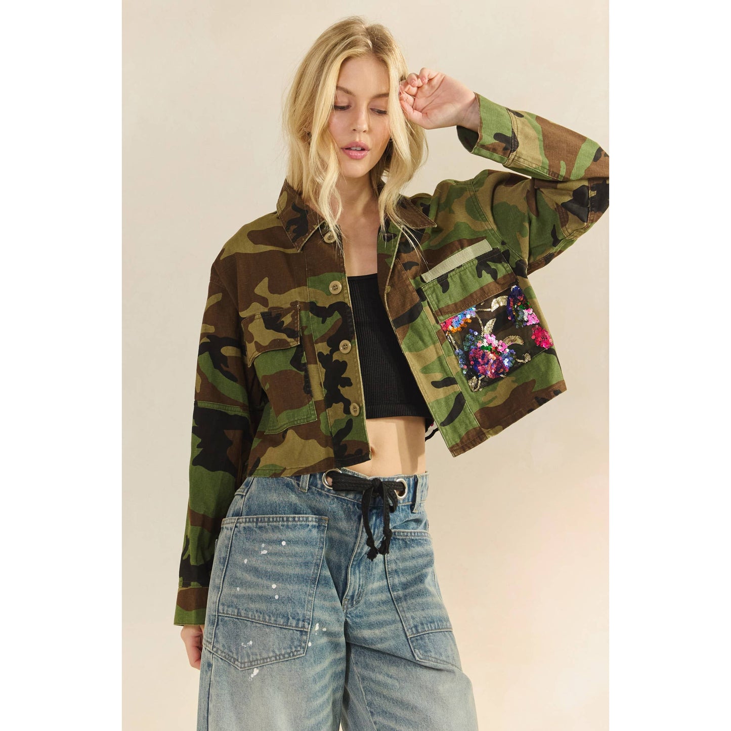 Curve Camo Sequins Contrast Jacket